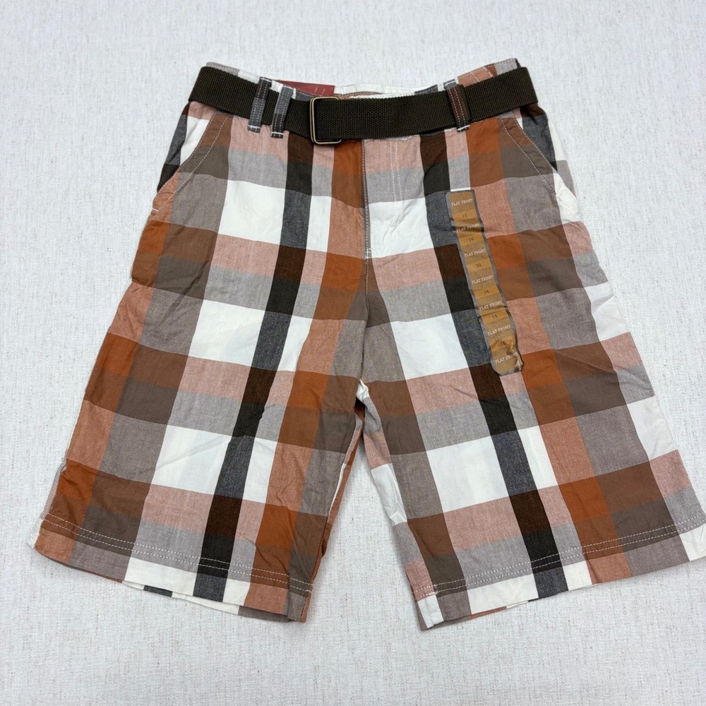 Urban Pipeline Boys Plaid Patch Work Flat Front Shorts Orange Brown Size 16 NWT